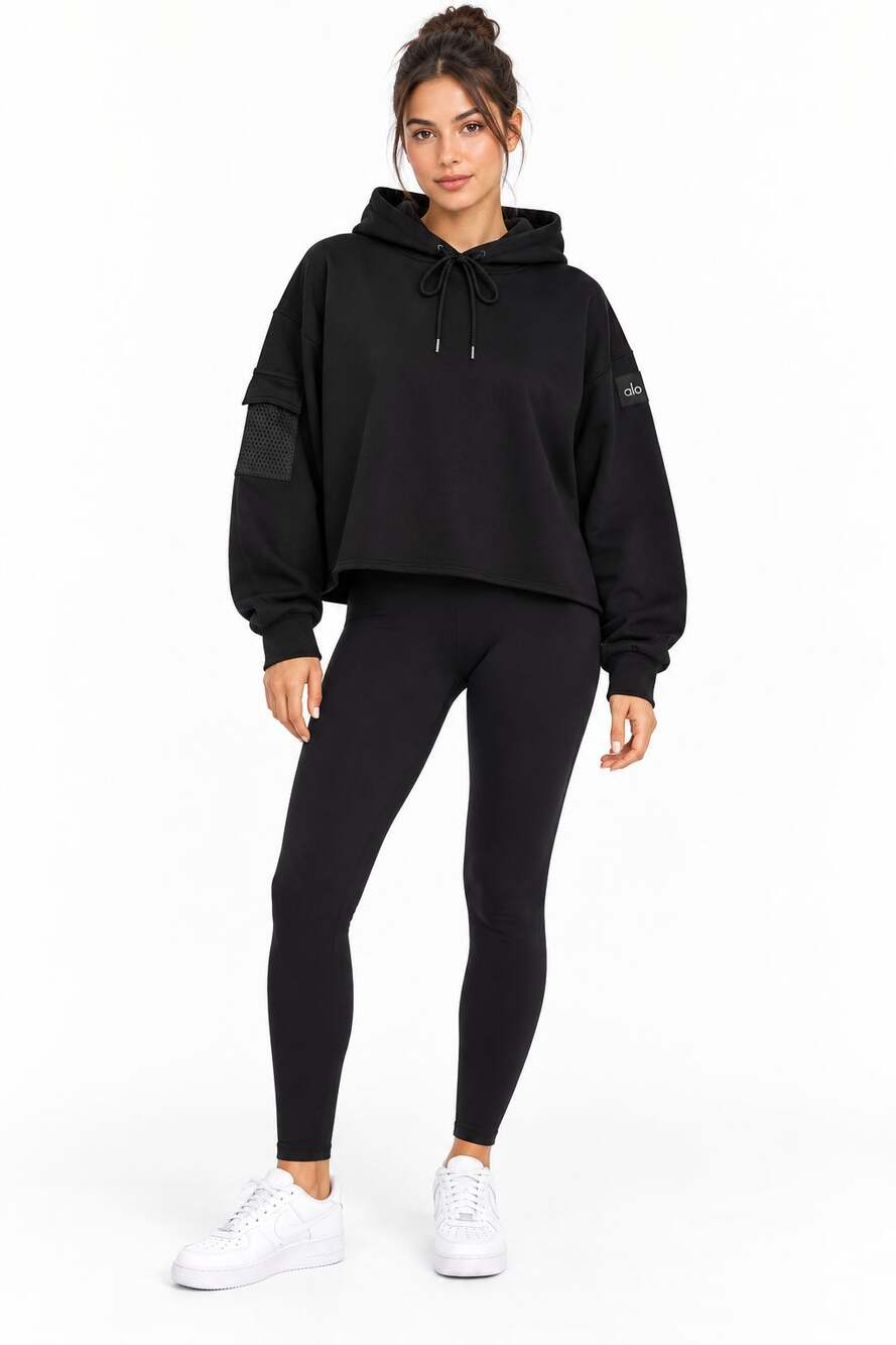 Alo Yoga Black Oversized Boxy Hoodie Mesh Sleeve Pocket Cropped Pullover